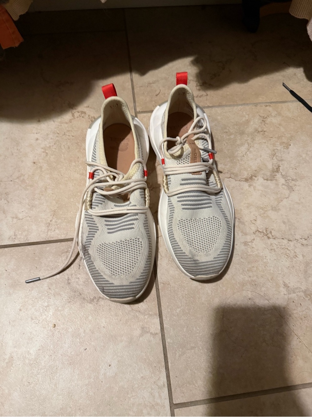 Sorel Cream Knit Lace-Up Sneakers with Red Pull Tabs